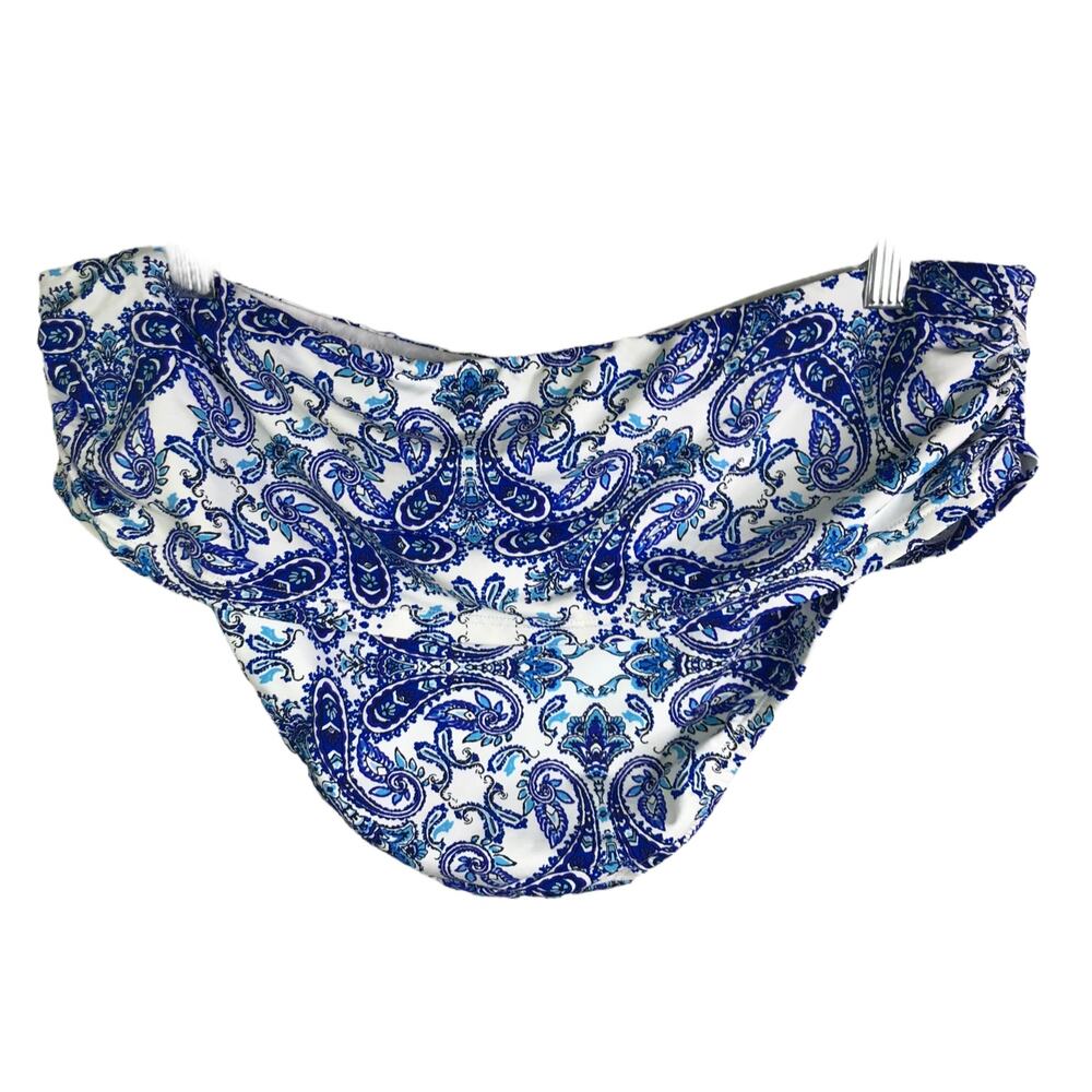 Bleu Rod Beattie Ruched Hipster Bikini Bottoms Womens‎ 14 Blue White Paisley NWT - Picture 3 of 7